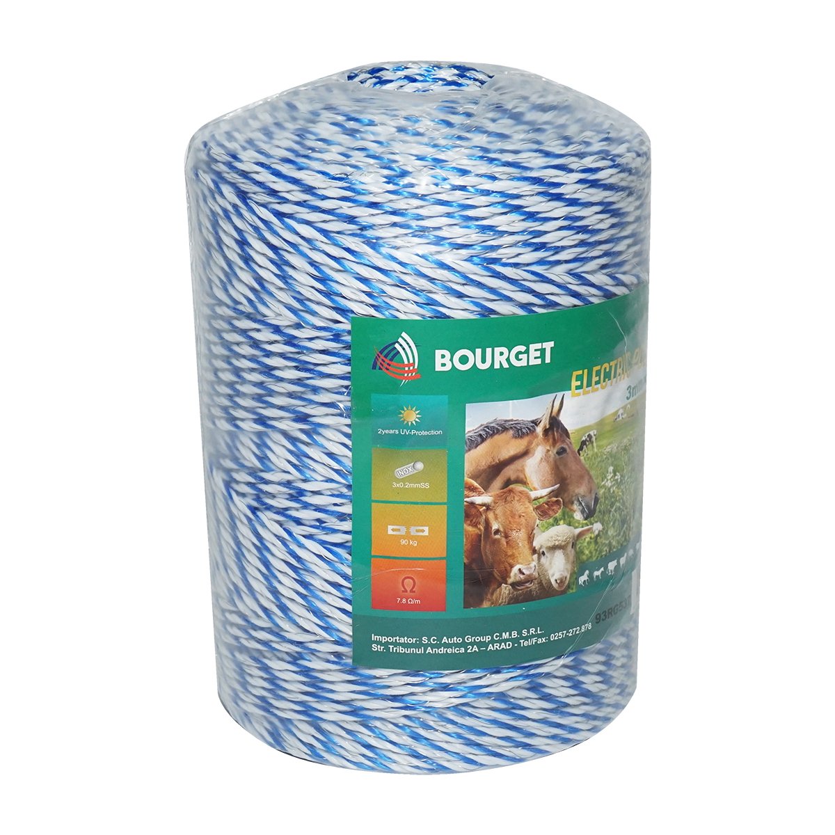 Rola fir alb-albastru fi 3mm 3x0.2mm SS, 500m gard electric, rezistenta 7.8 Ohm Bourget